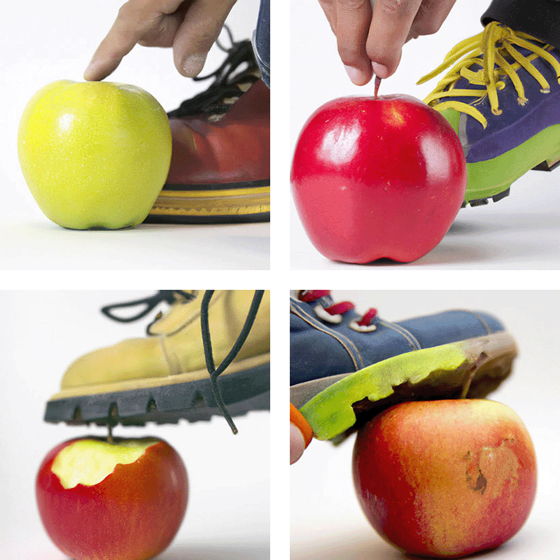 Four AI-generated images of shoes and apples in various positions